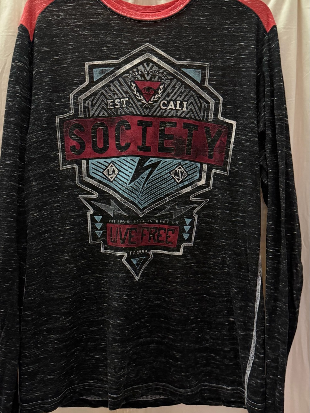 Society Black Heather Long Sleeve Tee with Red and Light Blue Graphic